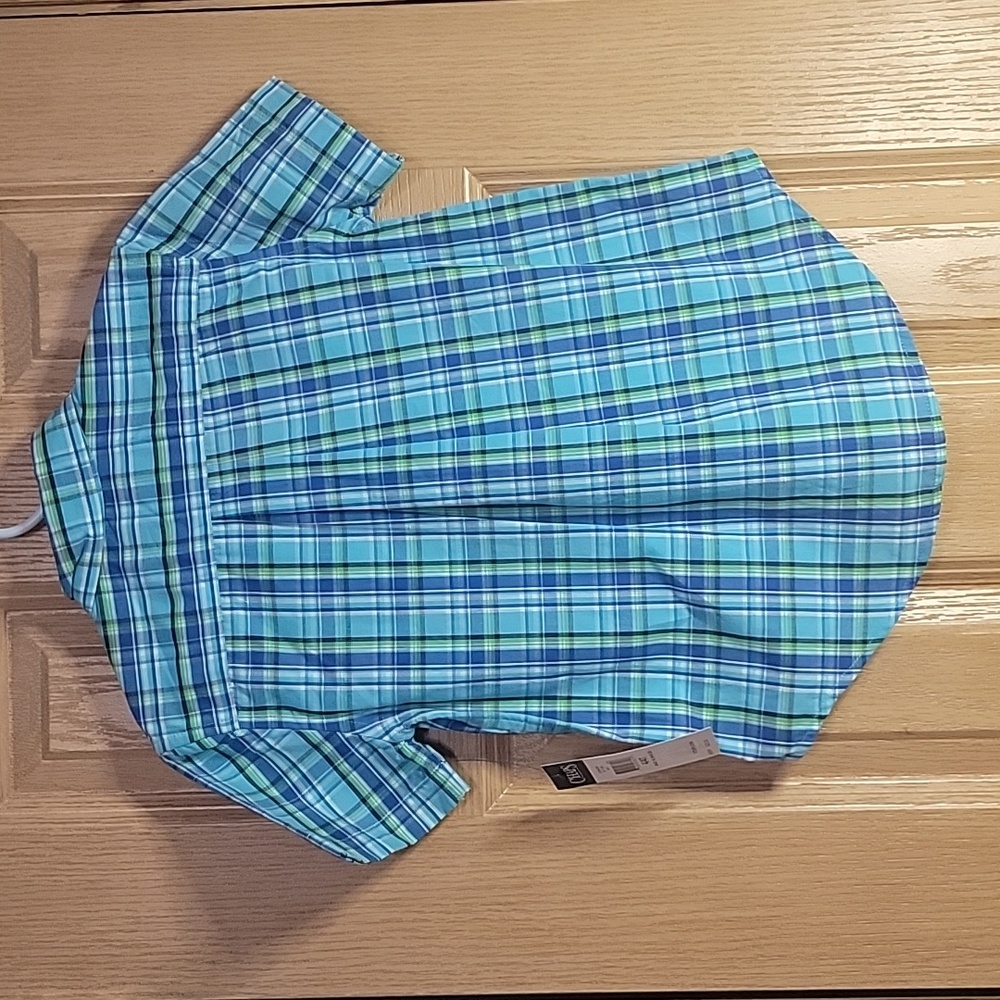 Chaps Boys 4T Button Up Plaid Short Sleeve Shirt with Collar Blue green white - Picture 7 of 7